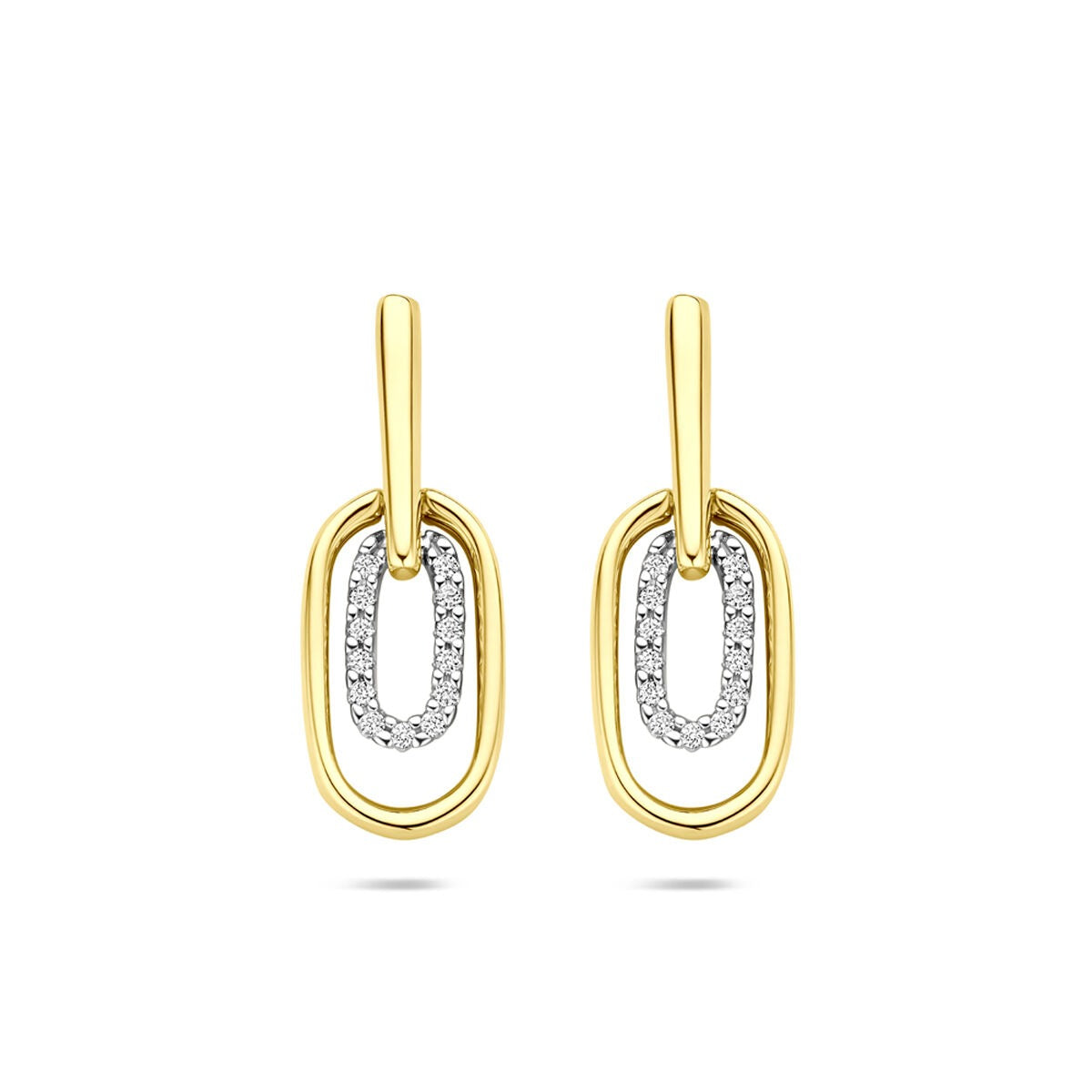 Bicolor oorhangers van 14k geel- en witgoud met een diamantaccent, 20 mm hoog.