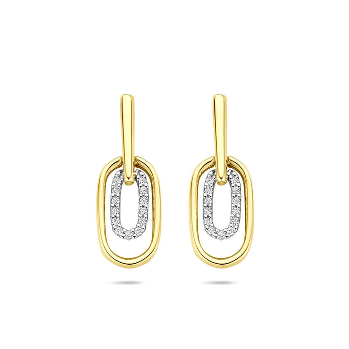14k Bicolor oorhangers met diamant – geel- en witgoud, 0.08 ct, 20 mm hoog