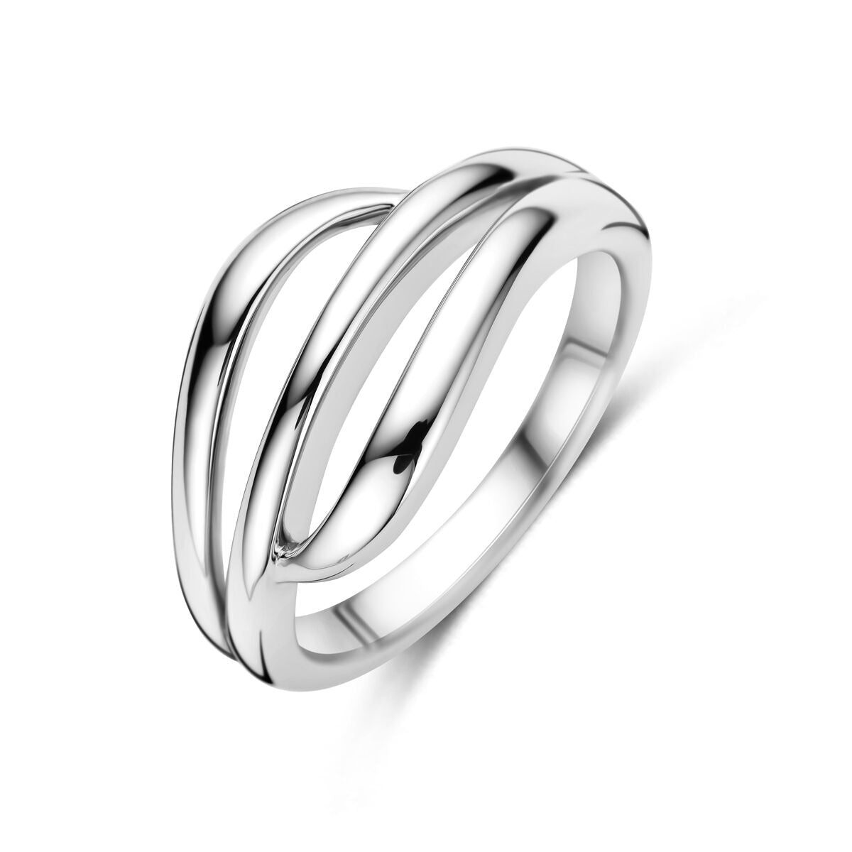 Gerhodineerde zilveren damesring met een breedte van 11 mm en een vloeiende, moderne vorm.