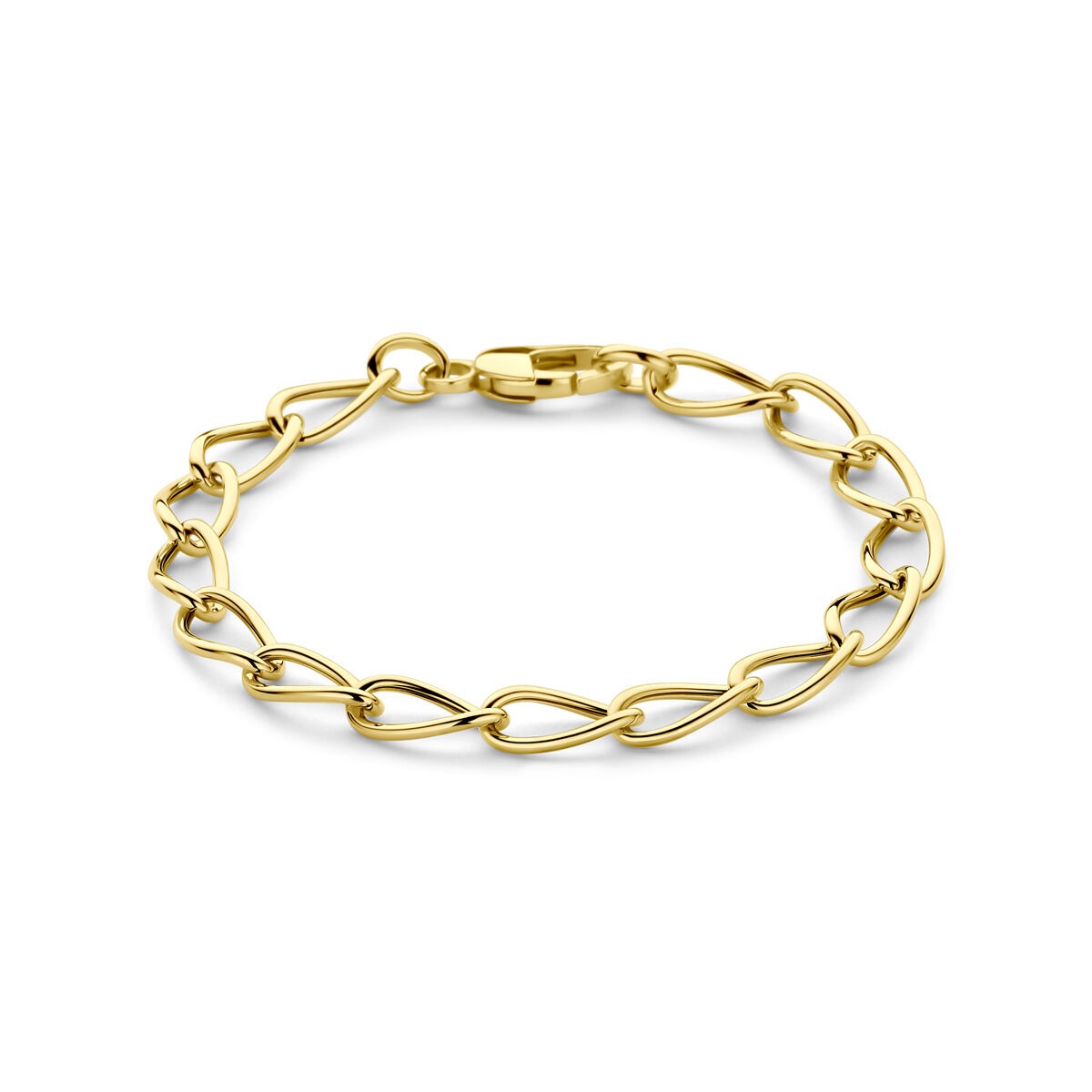 Geelgouden anker armband met schakels en een karabijnsluiting, lengte 19 cm.