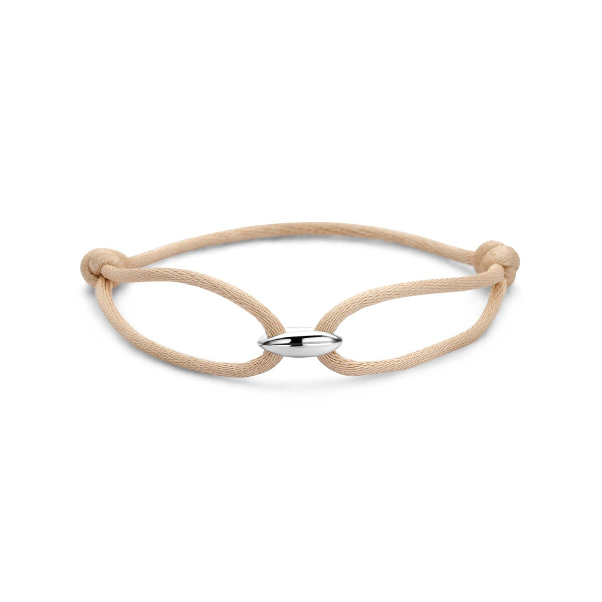 Beige satijnen armband met een zilveren koffieboon als sluiting.