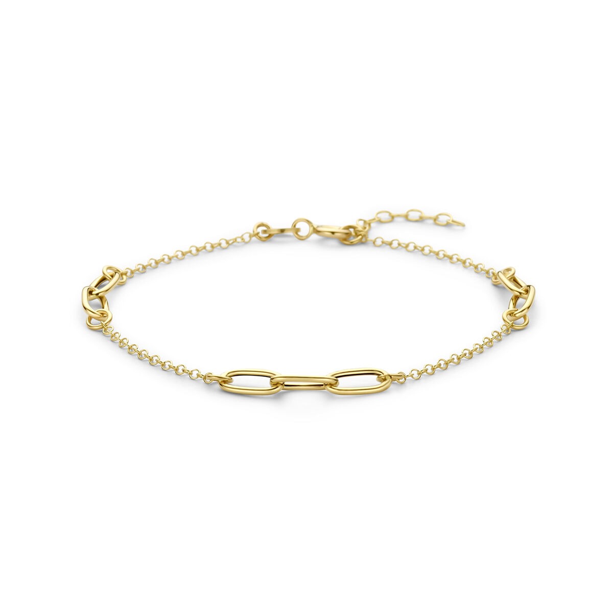 Geelgouden armband met schakels en een verlengketting voor verstelbare pasvorm.
