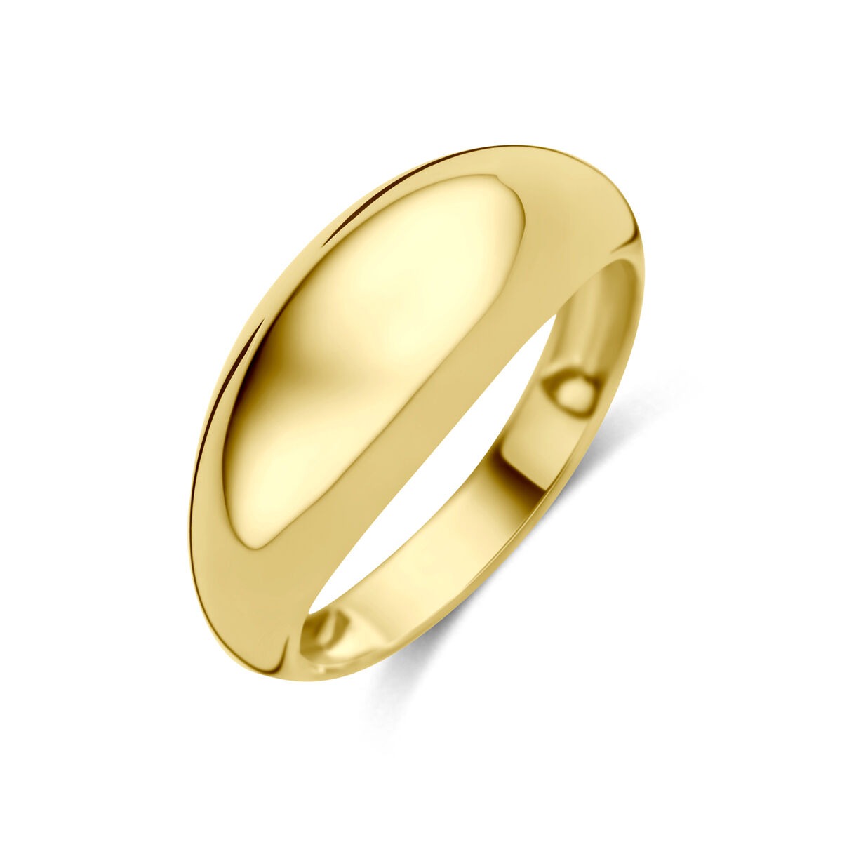 Geelgouden damesring met een gladde, ronde band en een glanzende afwerking.
