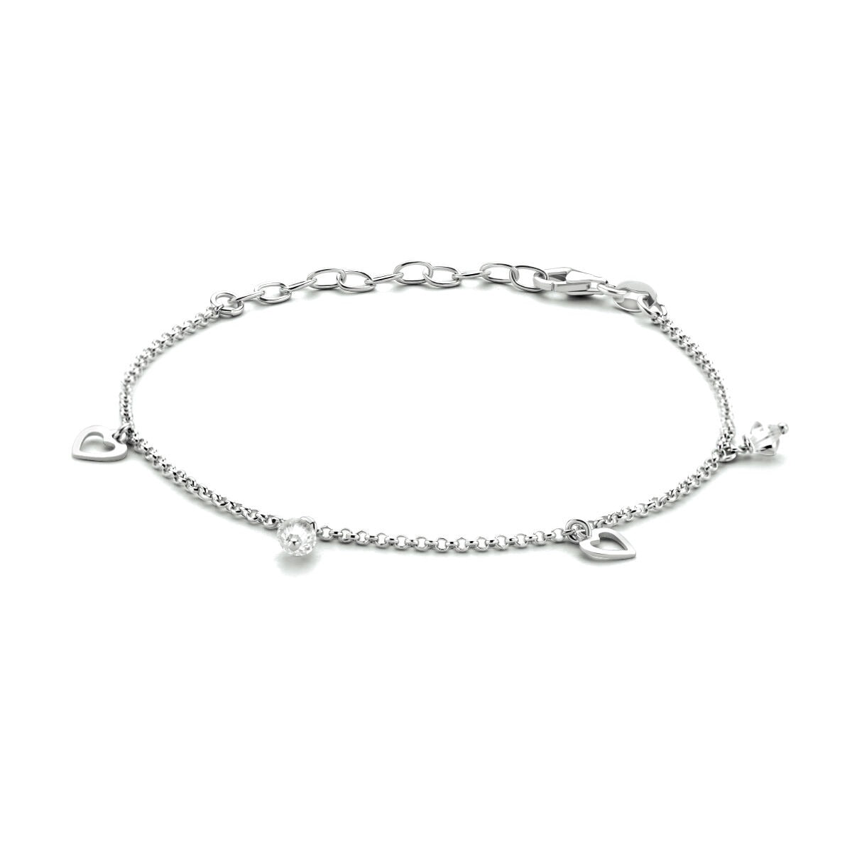 Zilveren kinder enkelbandje van gerhodineerd 925 zilver met transparante steentjes en hartvormige bedels.