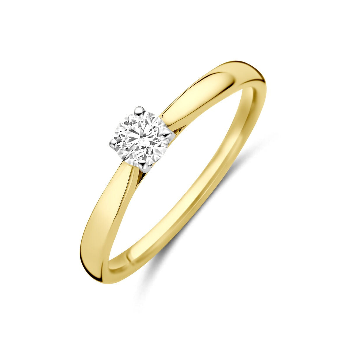 Bicolor geel- en witgouden ring met een 0.25ct lab grown diamant in een vierkante zetting.