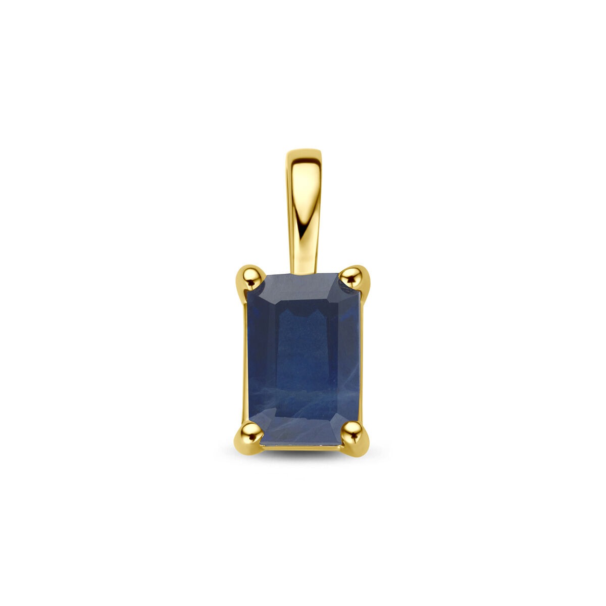 Geelgouden hanger met een rechthoekige saffier, gezet in een vierdelige zetting.