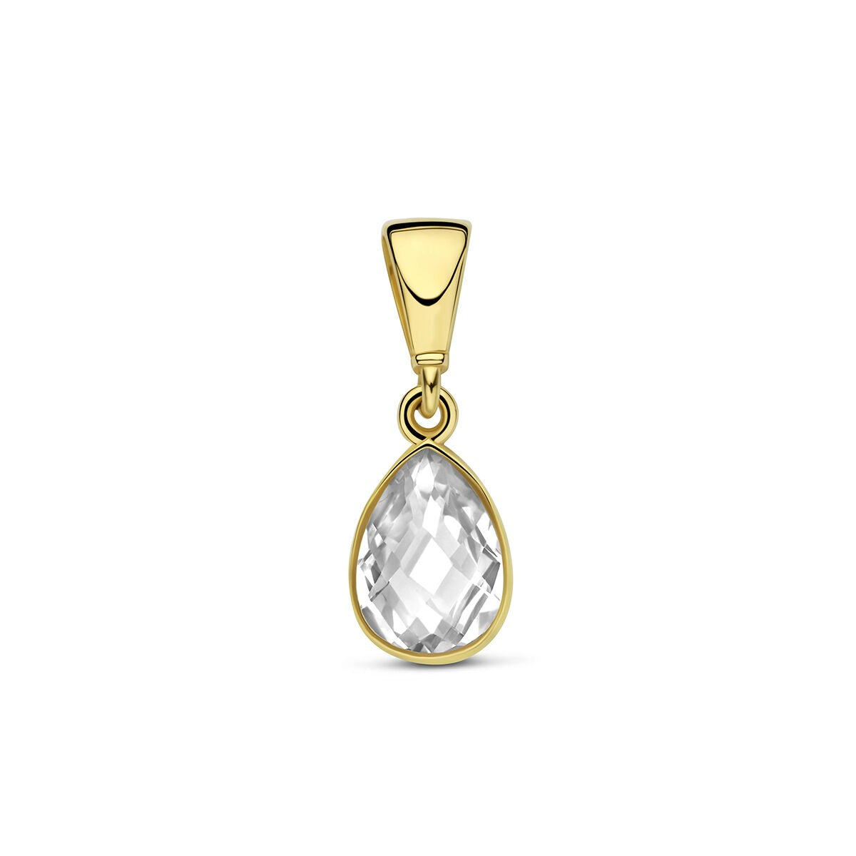 Geelgouden hanger met peervormige, heldere zirkonia in facetgeslepen afwerking.
