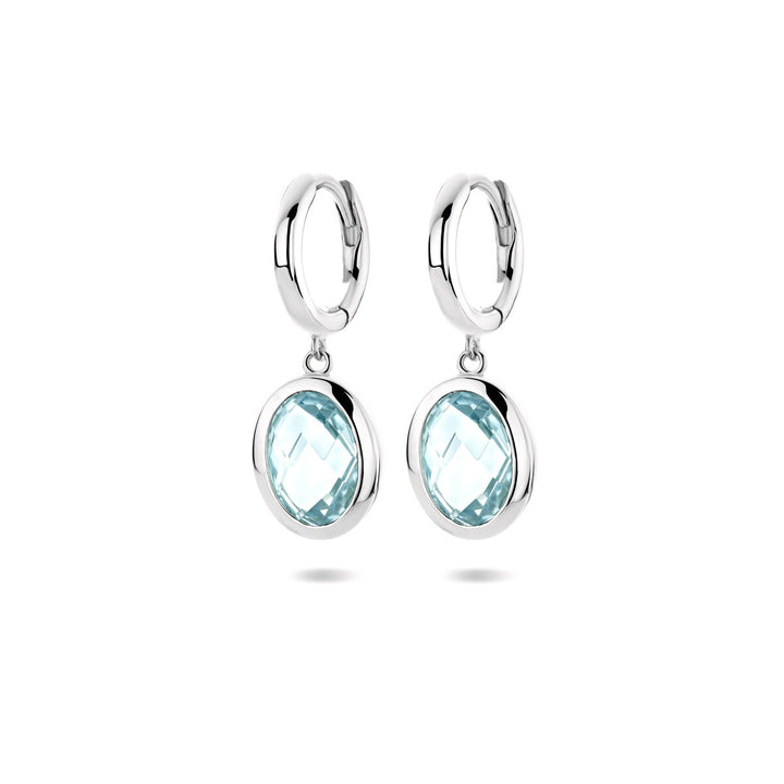 Gerhodineerd zilveren klapoorringen met sky blue topaas – 26 mm