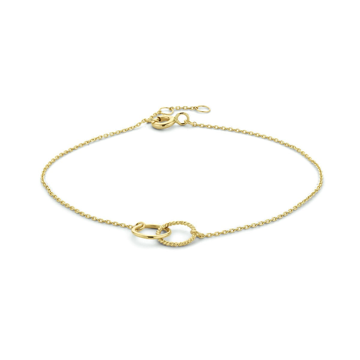 Geelgouden dames armband met een fijne schakel en dubbele cirkels als opvallend detail.