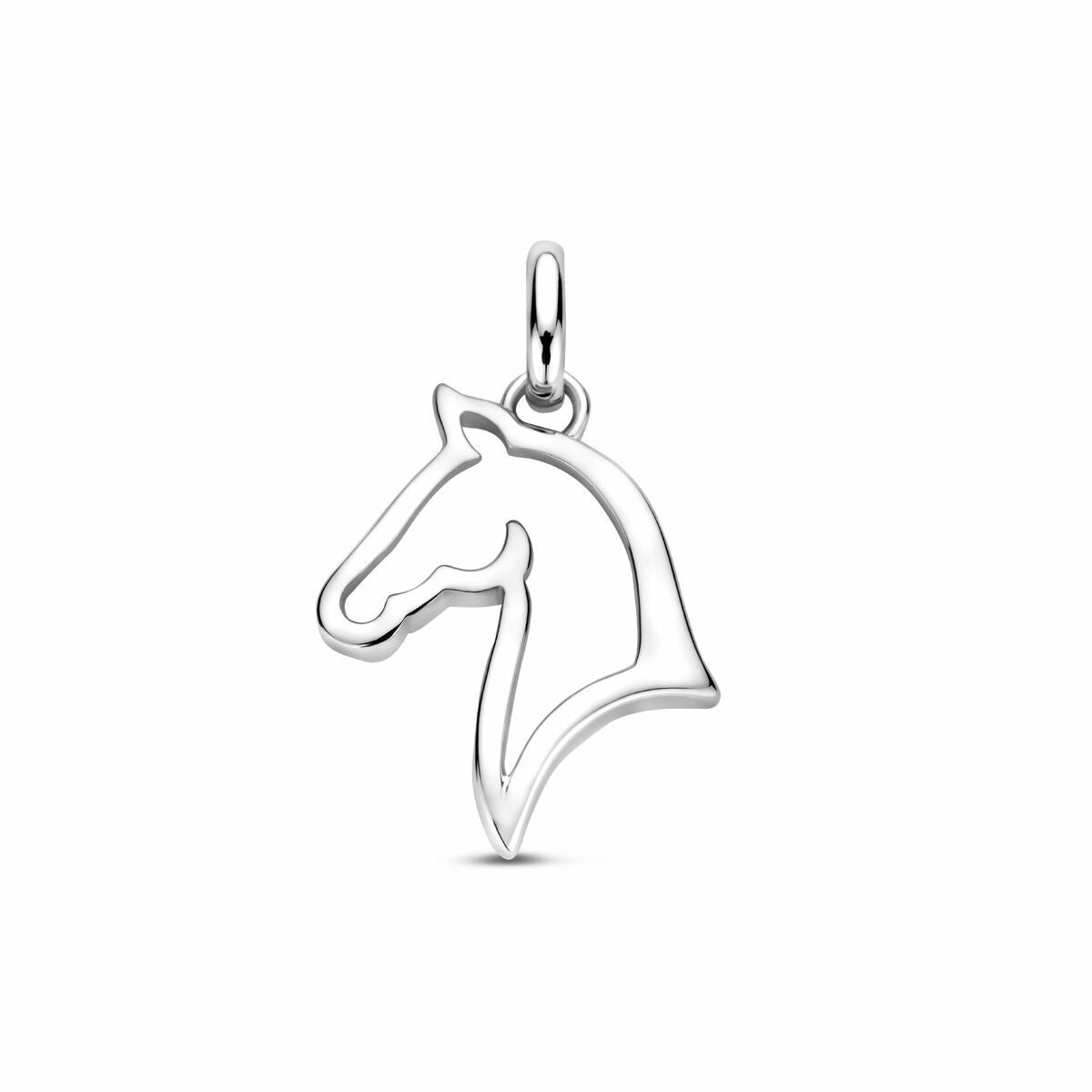 Zilveren hanger in de vorm van een paardenhoofd, gerhodineerd 925 zilver, 20 mm groot.