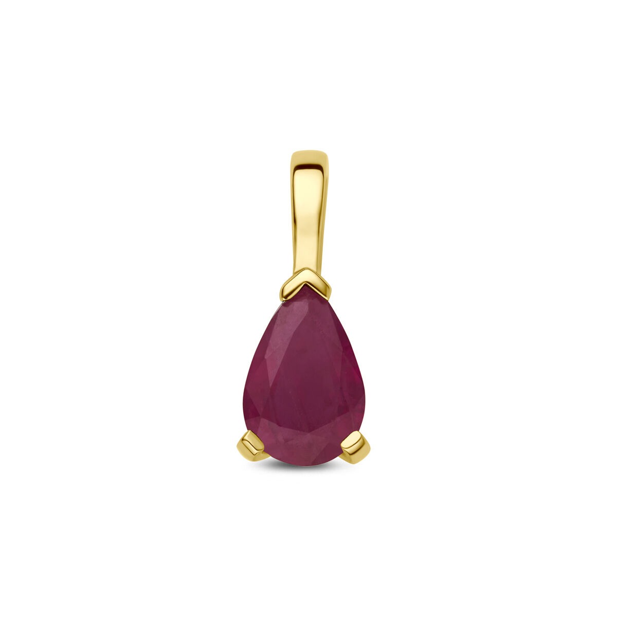 Geelgouden hanger met een druppelvormige, facetteerde robijn.