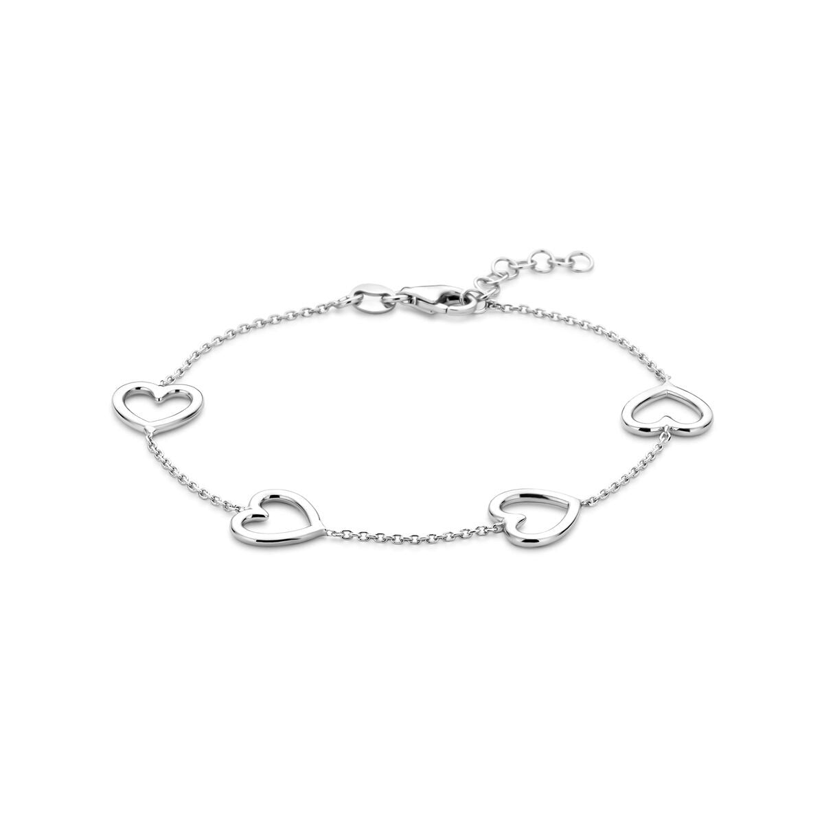Zilveren armband van gerhodineerd 925 zilver met vijf open hartjes, verstelbaar van 17 tot 19 cm.