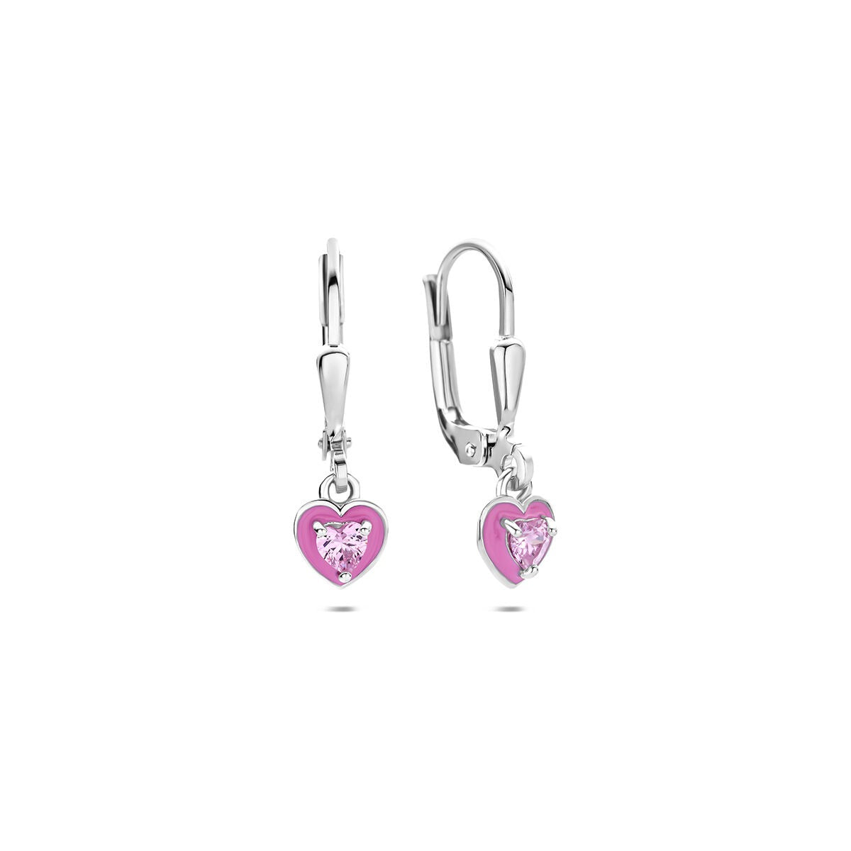 Gerhodineerd 925 zilveren hart oorhangers met roze emaille en zirkonia