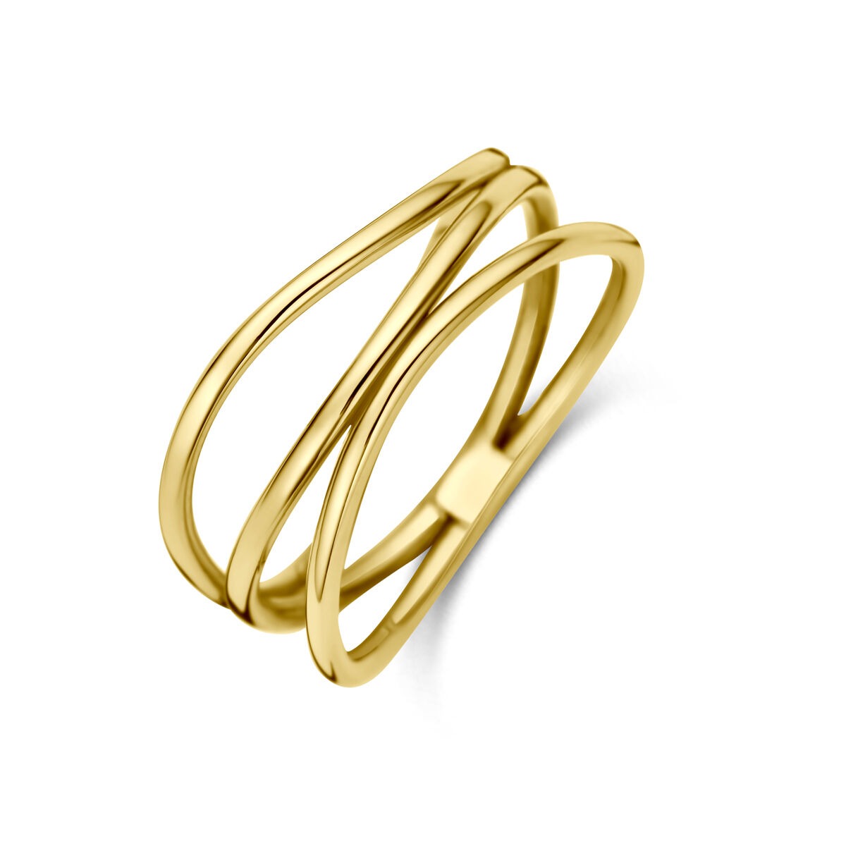 Geelgouden damesring met een moderne, dubbele band in een 8,5 mm breedte.