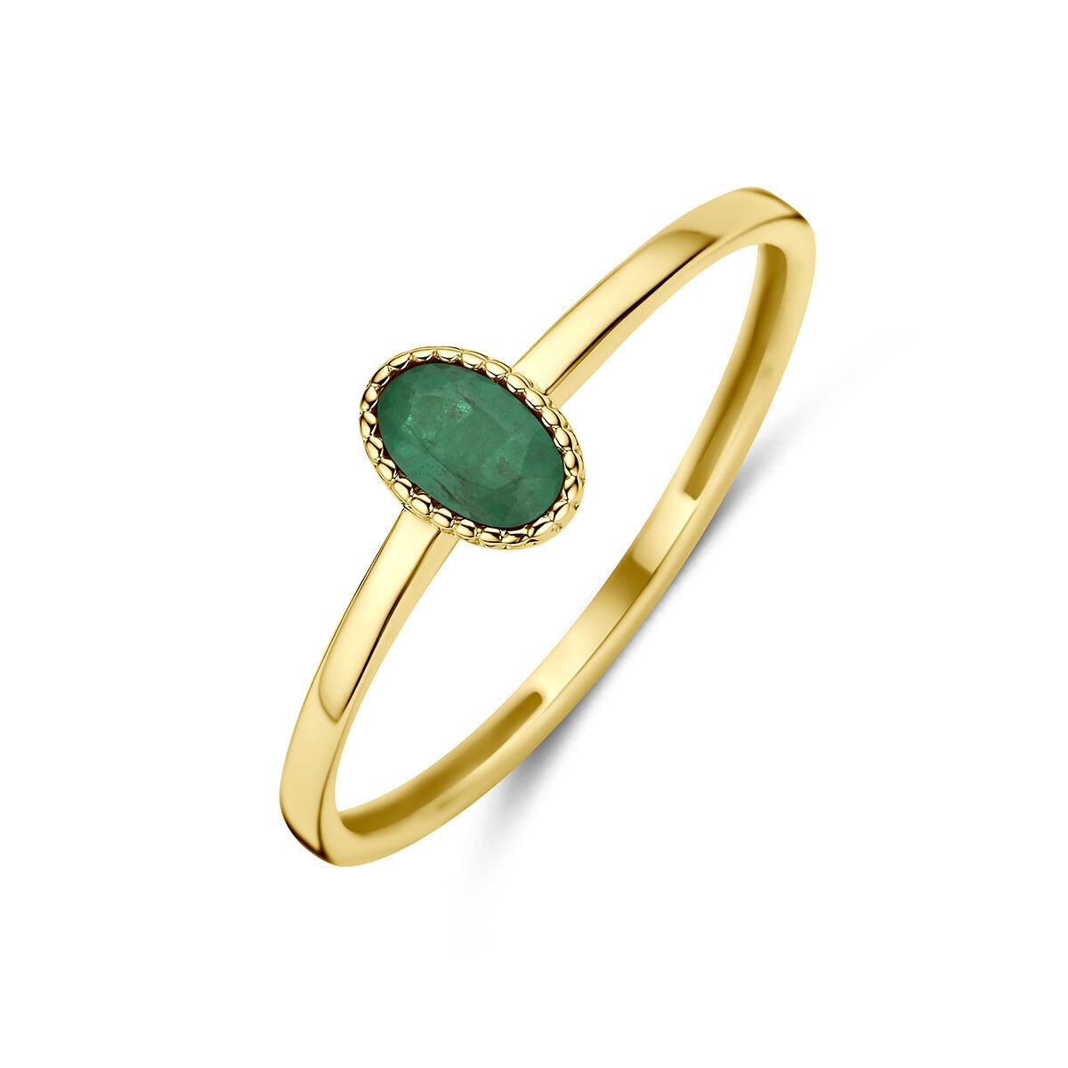 Geelgouden ring met een ovale smaragd, afgewerkt met een subtiele rand.
