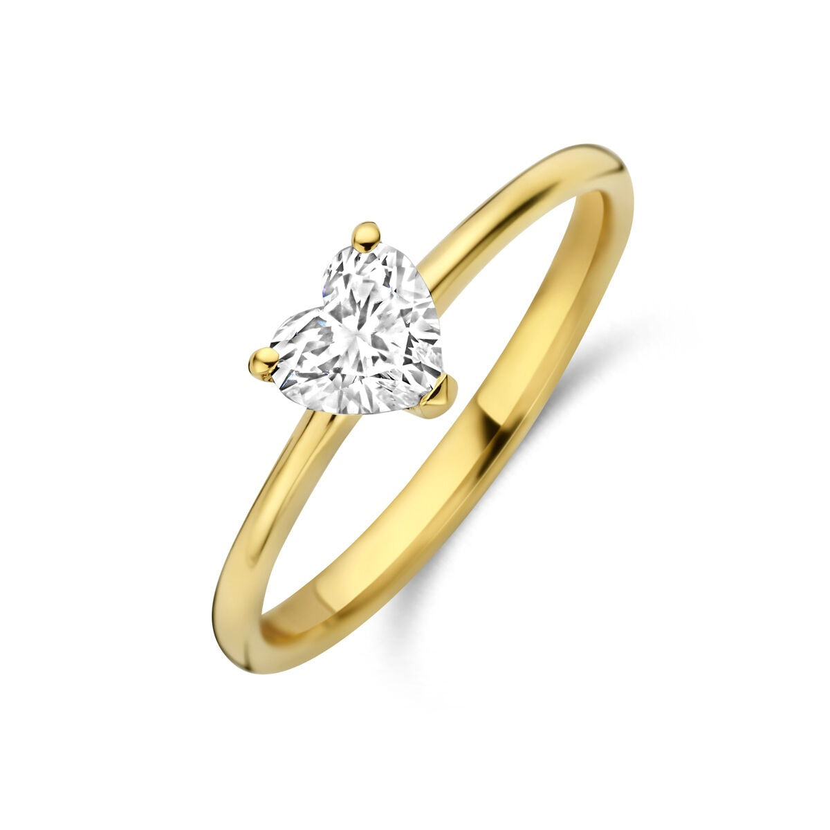 Geelgouden ring met hartvormige lab grown diamant van 0.50ct, eenvoudige band en vierpootzetting.