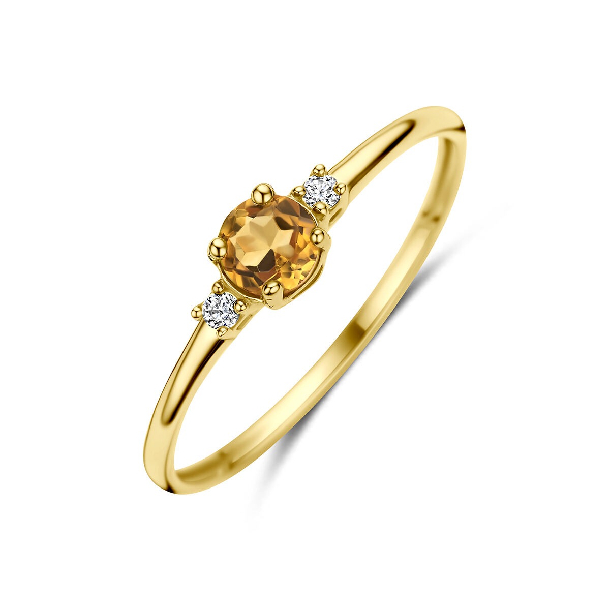 Geelgouden ring met een ronde citrien in het midden en twee zirkonia's aan weerszijden.