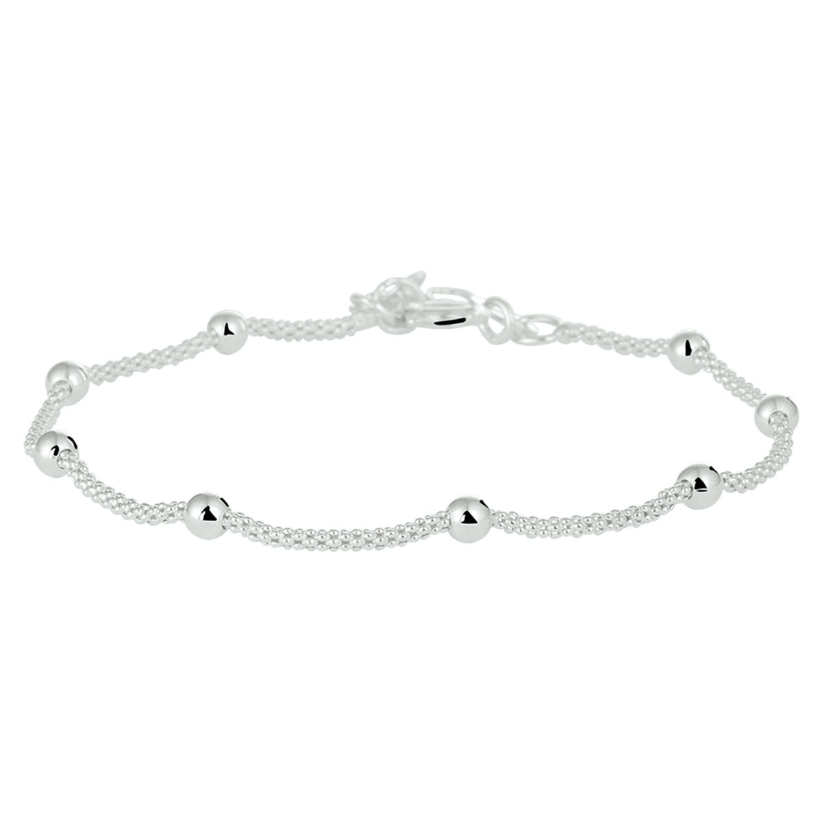 Zilveren armband met bolletjes schakels en een sluiting, met een glanzende afwerking.