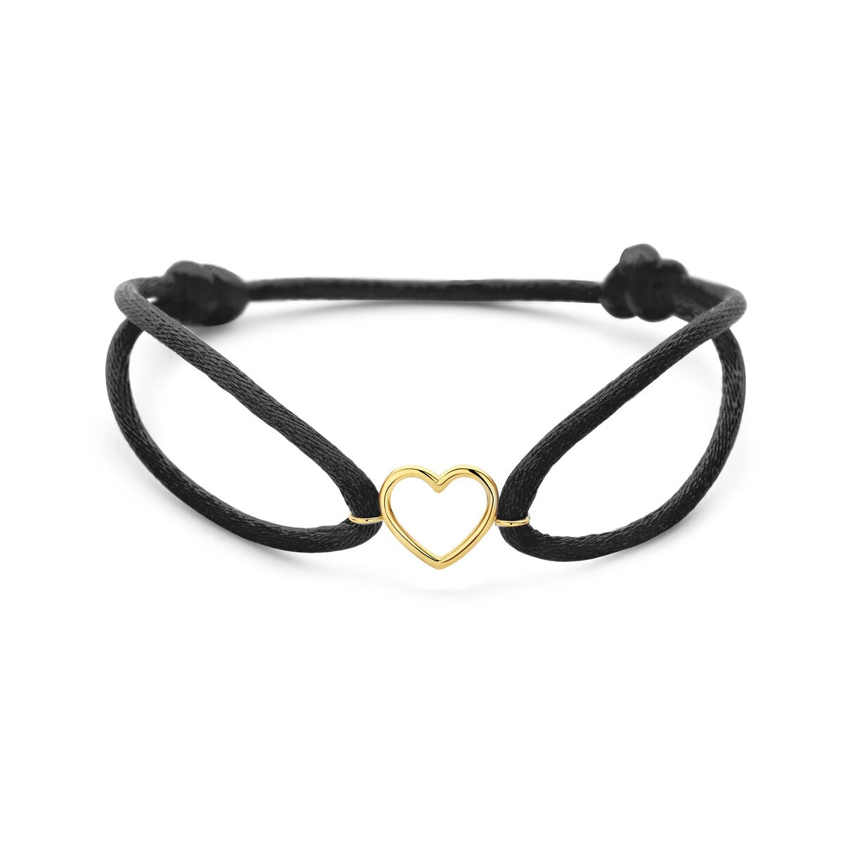 Zwarte satijnen armband met een 14k geelgouden hartje in het midden.
