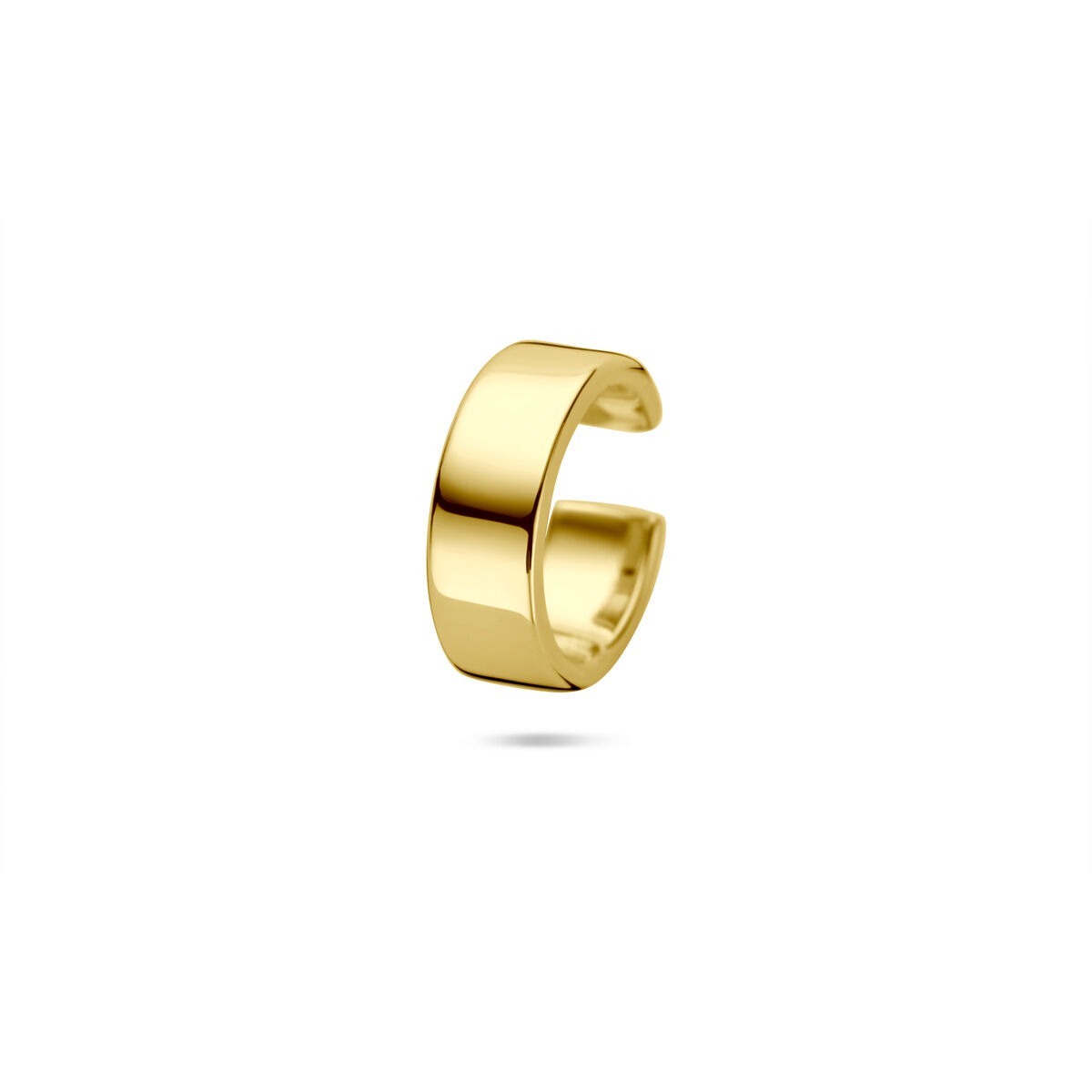 Verguld zilveren ear cuff met een strakke, glanzende afwerking en een moderne, open vorm.
