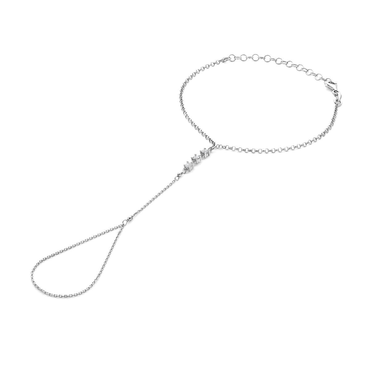 Zilveren handsieraad van gerhodineerd 925 zilver met zirkonia, voorzien van een delicate ketting en een druppelvormige hanger.
