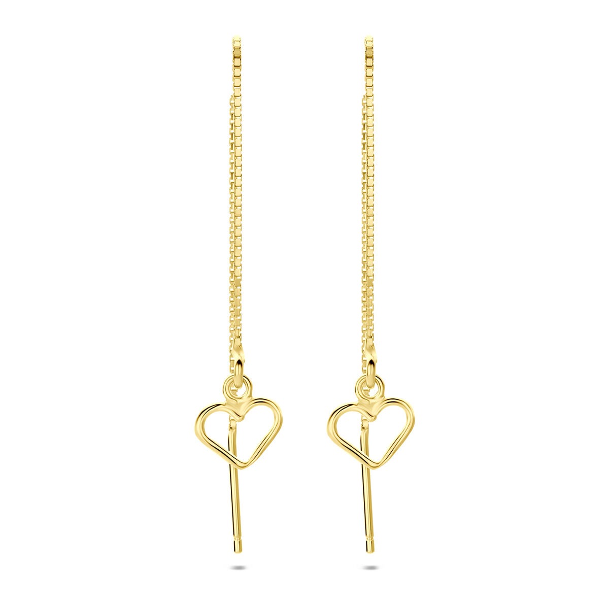 Vergulde zilveren doortrekoorbellen met hartvormige hangers en een lange ketting.
