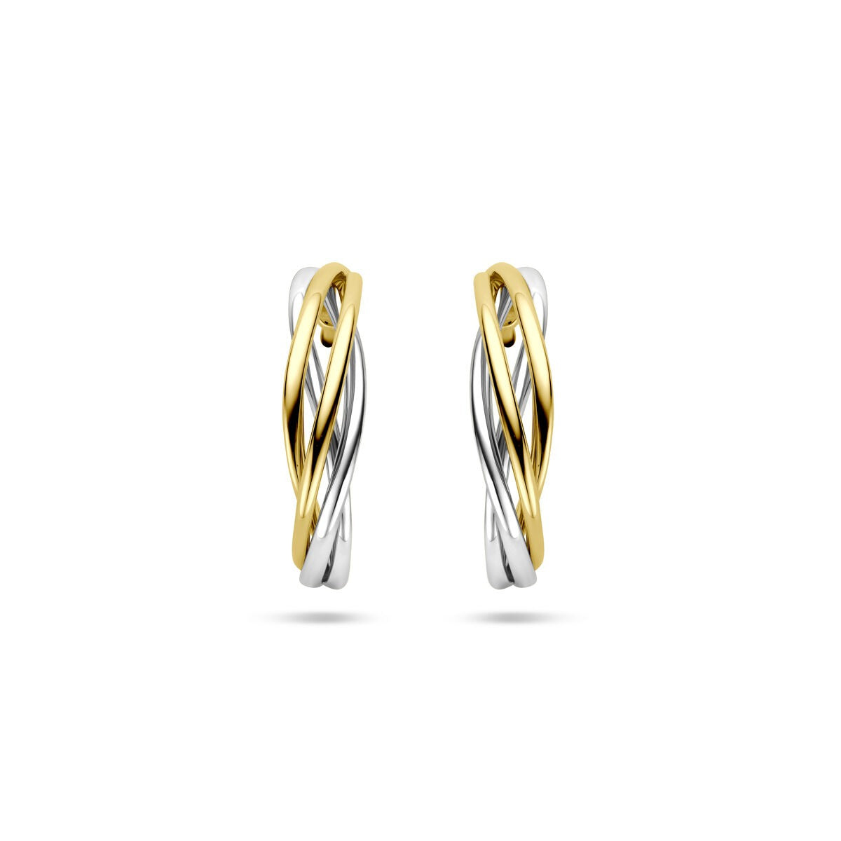 Bicolor gouden oorringen van 14k geel- en witgoud met een gedraaide vorm van 17 mm.