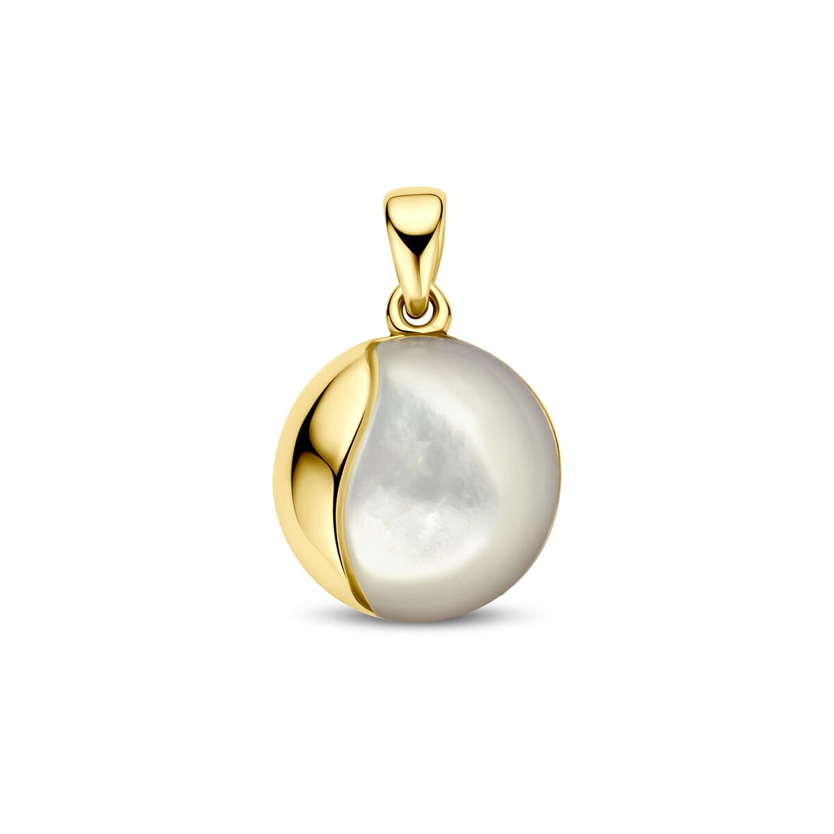 Geelgouden hanger met een parelmoeren schijf van 14 mm, met een glanzende afwerking.