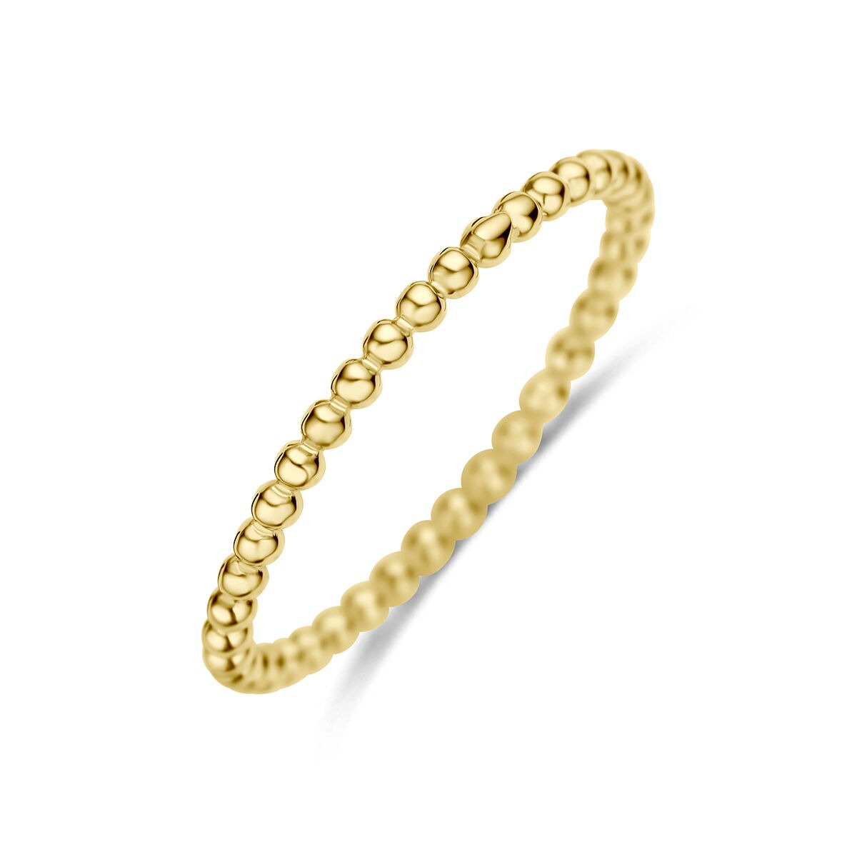 Geelgouden ring met een bolletjesstructuur en een gladde afwerking.