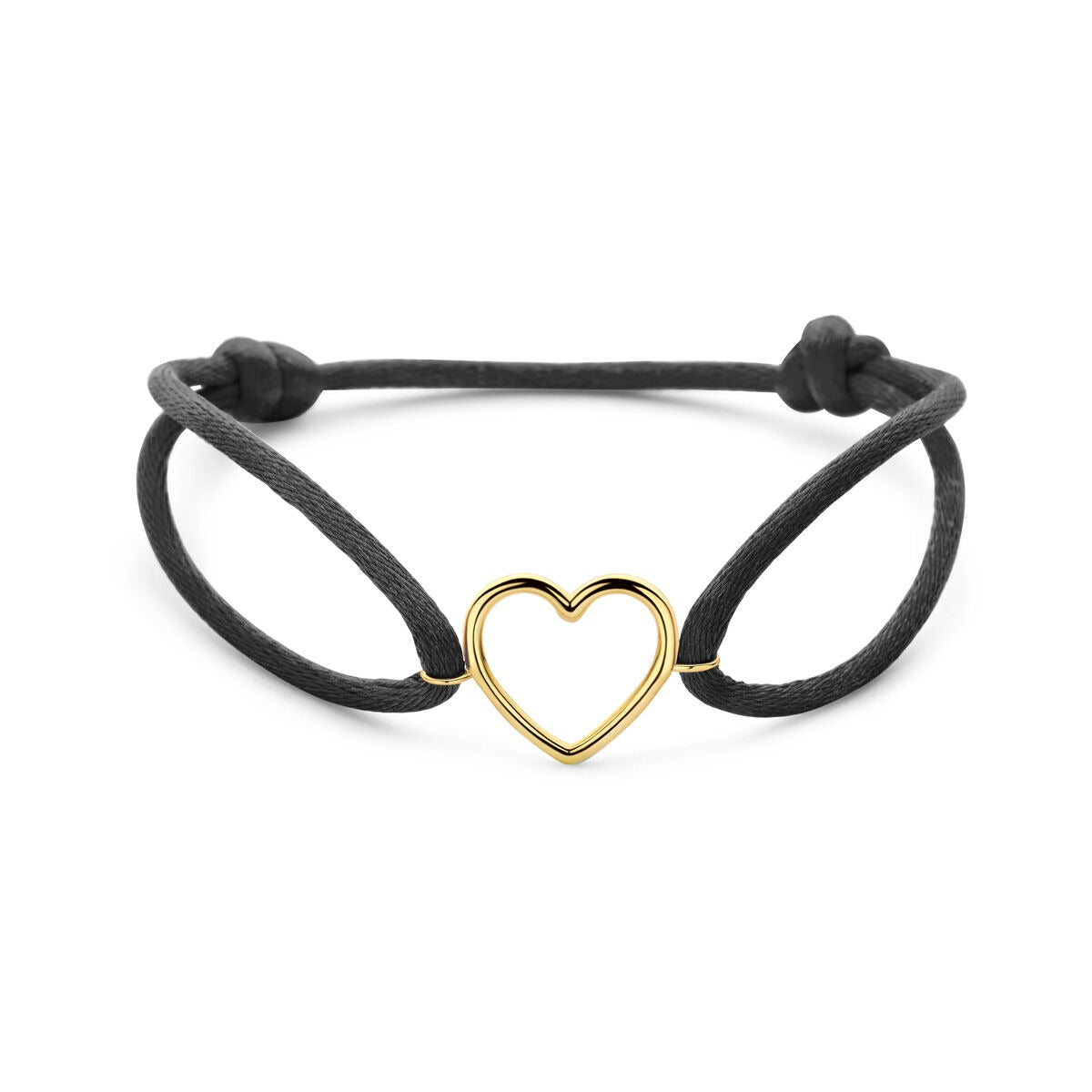 Zwarte satijnen armband met een 14K gouden hartje, verstelbaar van 13 tot 26 cm.