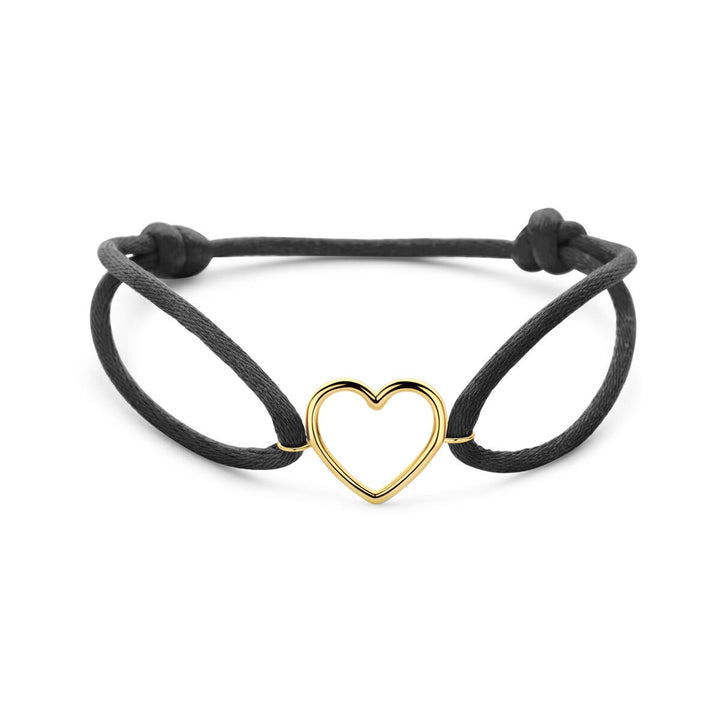 armband zwart satijn hartje 13 - 26 cm 14K goud met rubber/nylon/leer