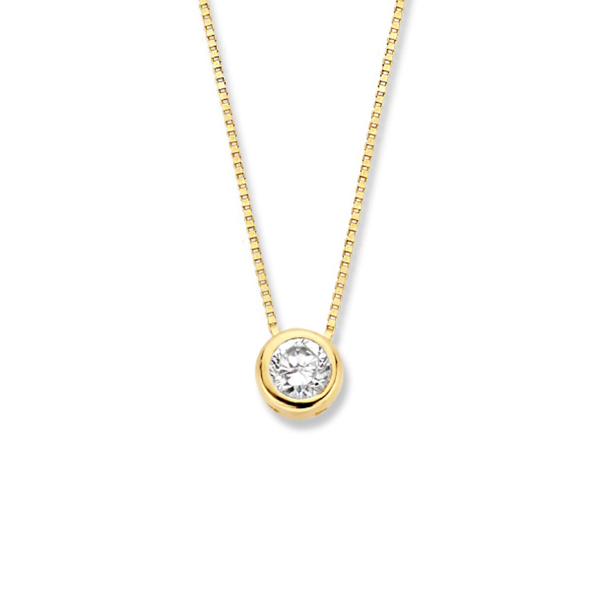 Gouden ketting met venetiaanse schakel en een ronde zirkonia in een bezelzetting.