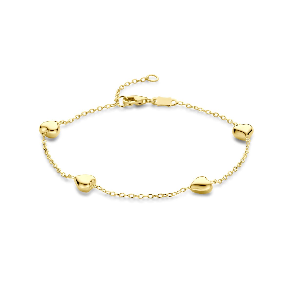 Geelgouden armband met hartjes, schakels en een verstelbare lengte van 16-18 cm.
