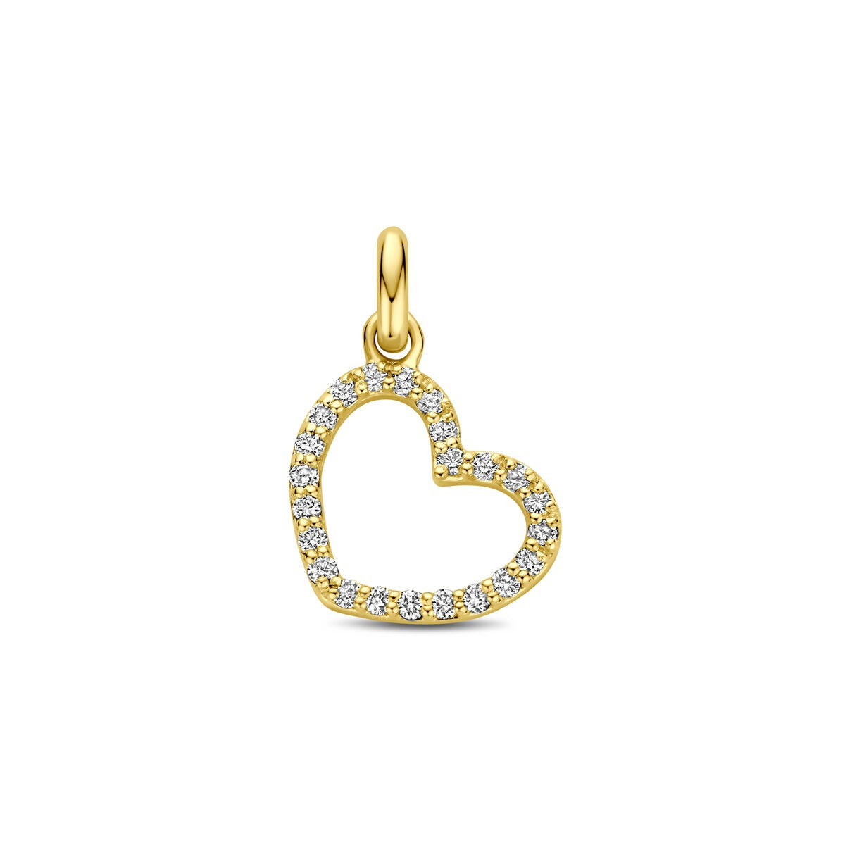 Geelgouden hart hanger met lab grown diamant, versierd met kleine sprankelende steentjes.