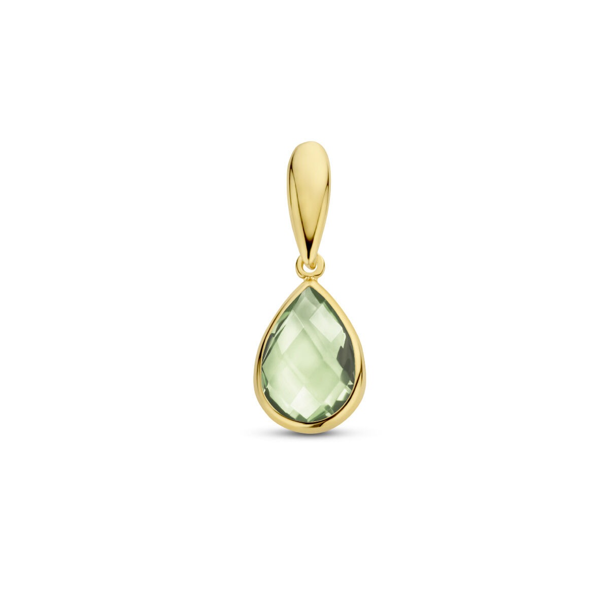 Geelgouden hanger in druppelvorm met een groene amethist.
