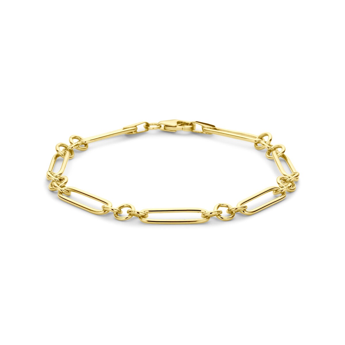 Geelgouden ankerarmband met een 925 zilveren kern en schakels in een moderne, rechte vorm.