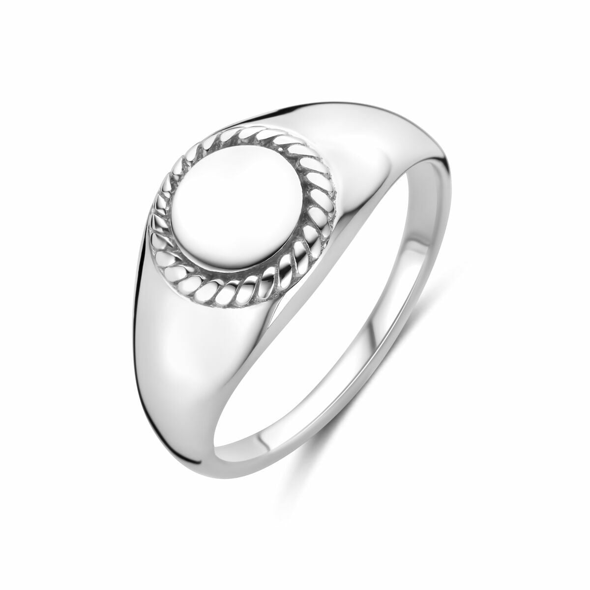 Zilveren dames zegelring van gerhodineerd 925 zilver met een ronde, gladde bovenkant en gedetailleerde rand.
