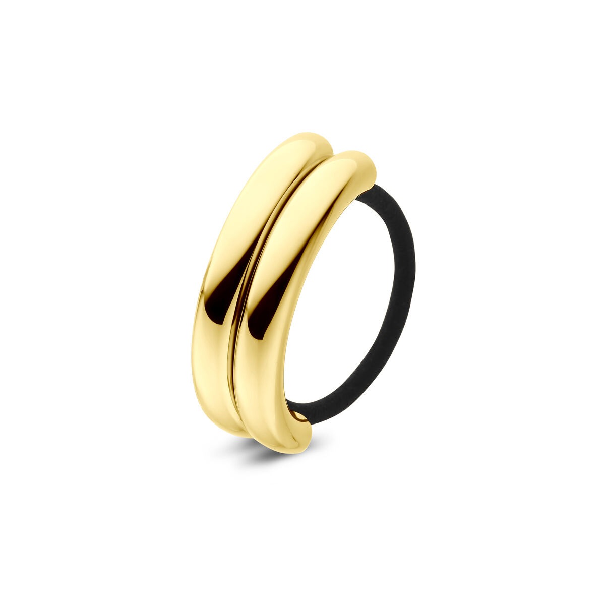 Stalen hair cuff met goudkleurige ion plating, dubbelgevormd ontwerp en zwarte elastische band.