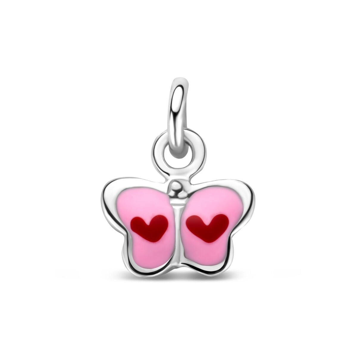 Gerhodineerde zilveren vlinder hanger met roze en rode emaille harten.