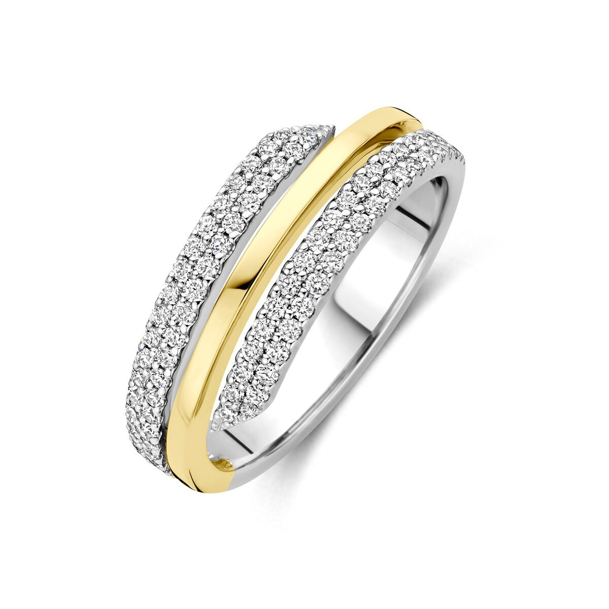 Bicolor gouden ring van 14k met een glanzende witte en gele band, bezet met diamanten van 0,40 ct.