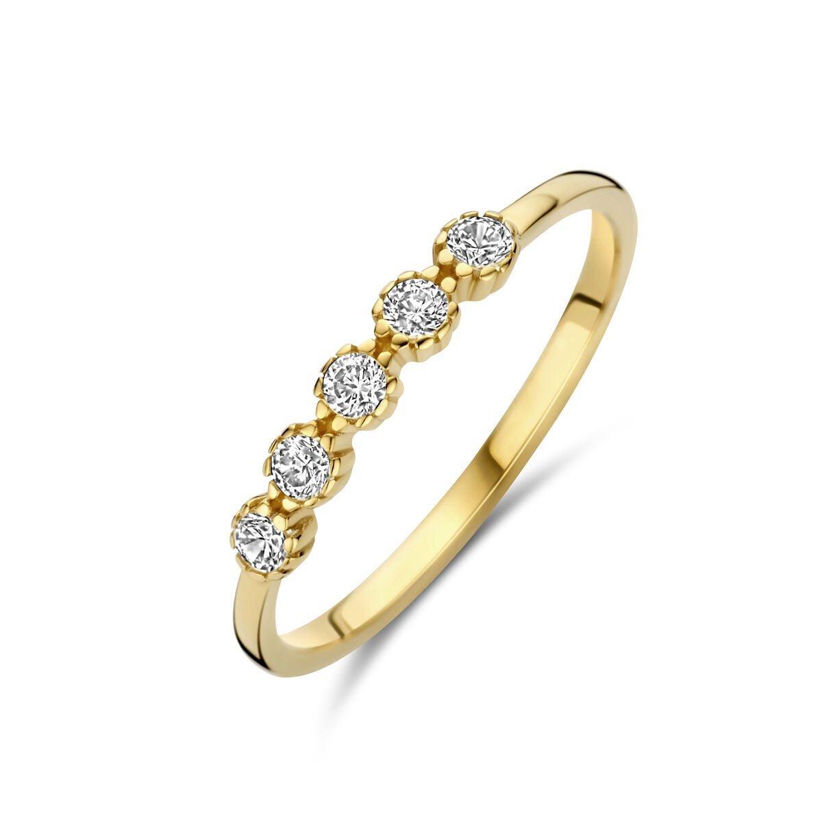 Geelgouden ring met vijf zirkonia's in een rij, fijne band met glanzende afwerking.