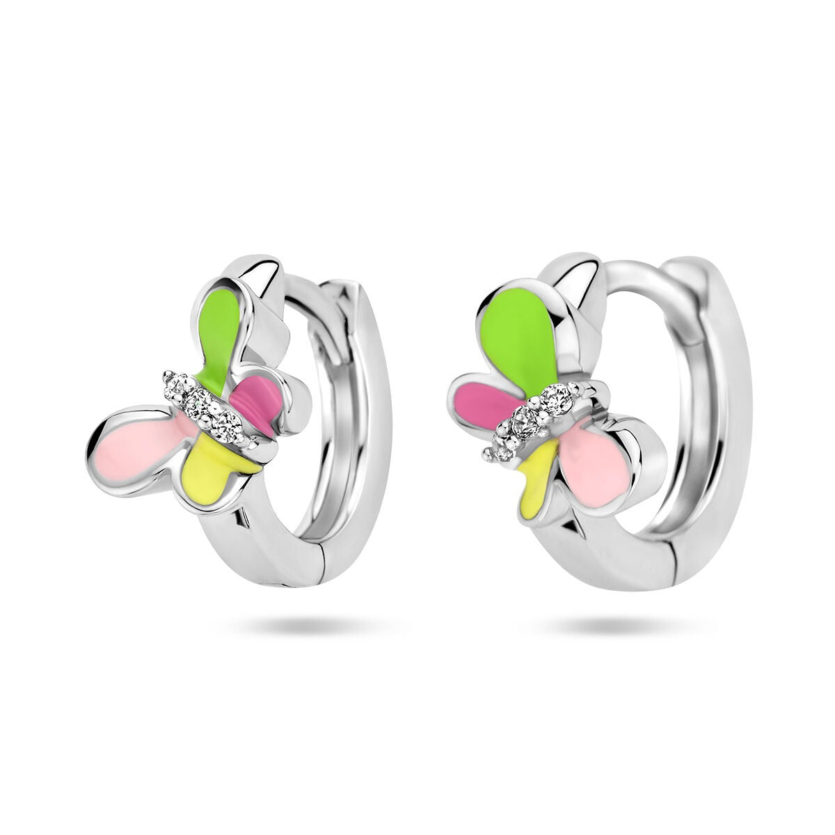 Zilveren klapoorringen voor kinderen met een kleurrijke vlinder en zirkonia, gerhodineerd 925 zilver.