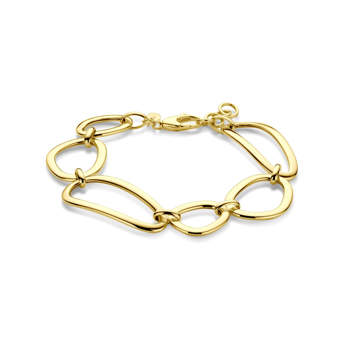 Gouden dames armband van 14k met brede schakels in een organische vorm.