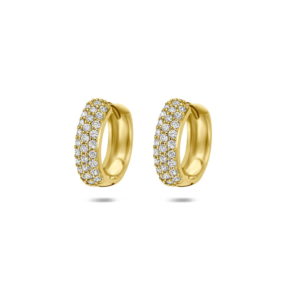 Geelgouden klapoorringen met een rij lab grown diamanten in een glanzende afwerking.