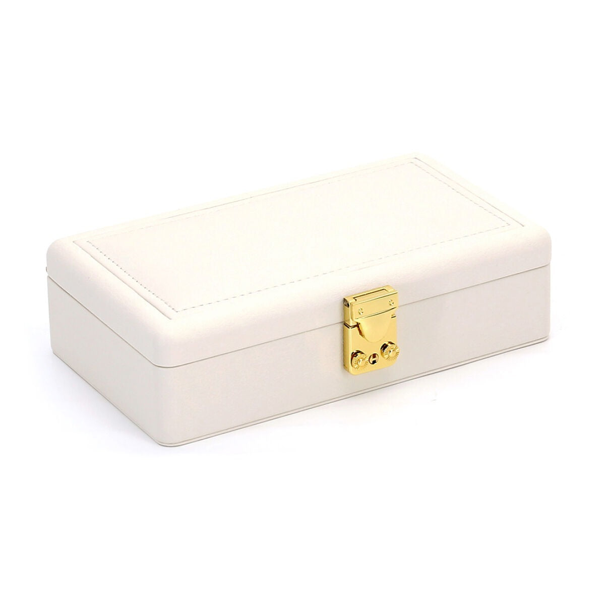 Beige sieraden doos met gele accenten, compact en stijlvol, met een stevige sluiting.
