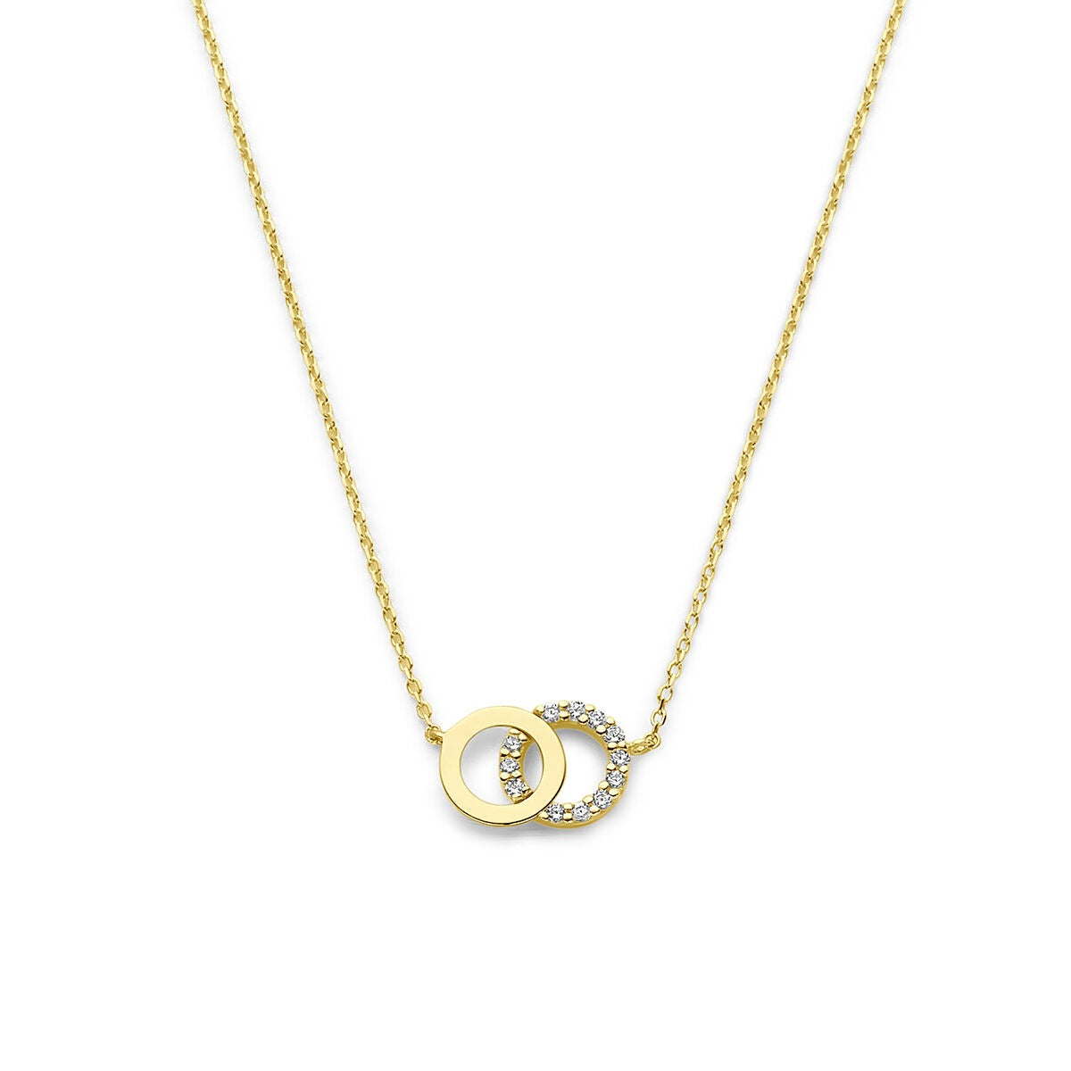Geelgoudkleurig dames collier met twee ringen, waarvan één bezet met zirkonia, verstelbaar tot 44 cm.