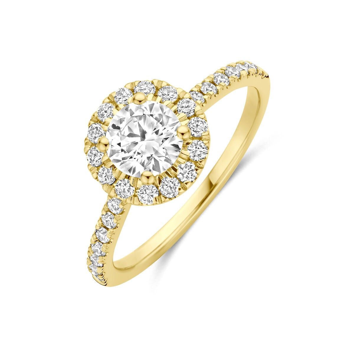 Geelgouden ring met een centrale lab grown diamant van 1.10ct, omringd door kleinere diamanten.