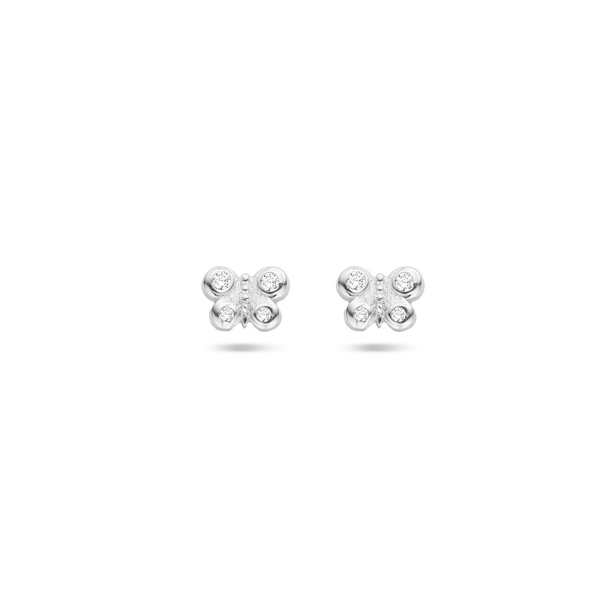 Zilveren vlinder oorknoppen van gerhodineerd 925 zilver met zirkonia steentjes.