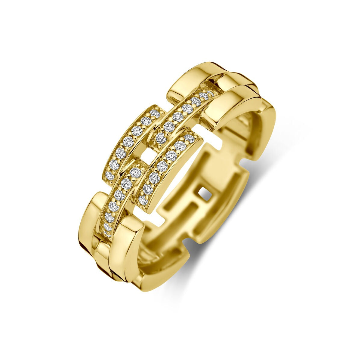 Geelgouden ring met meerdere rijen diamanten in een moderne, opengewerkte vorm.