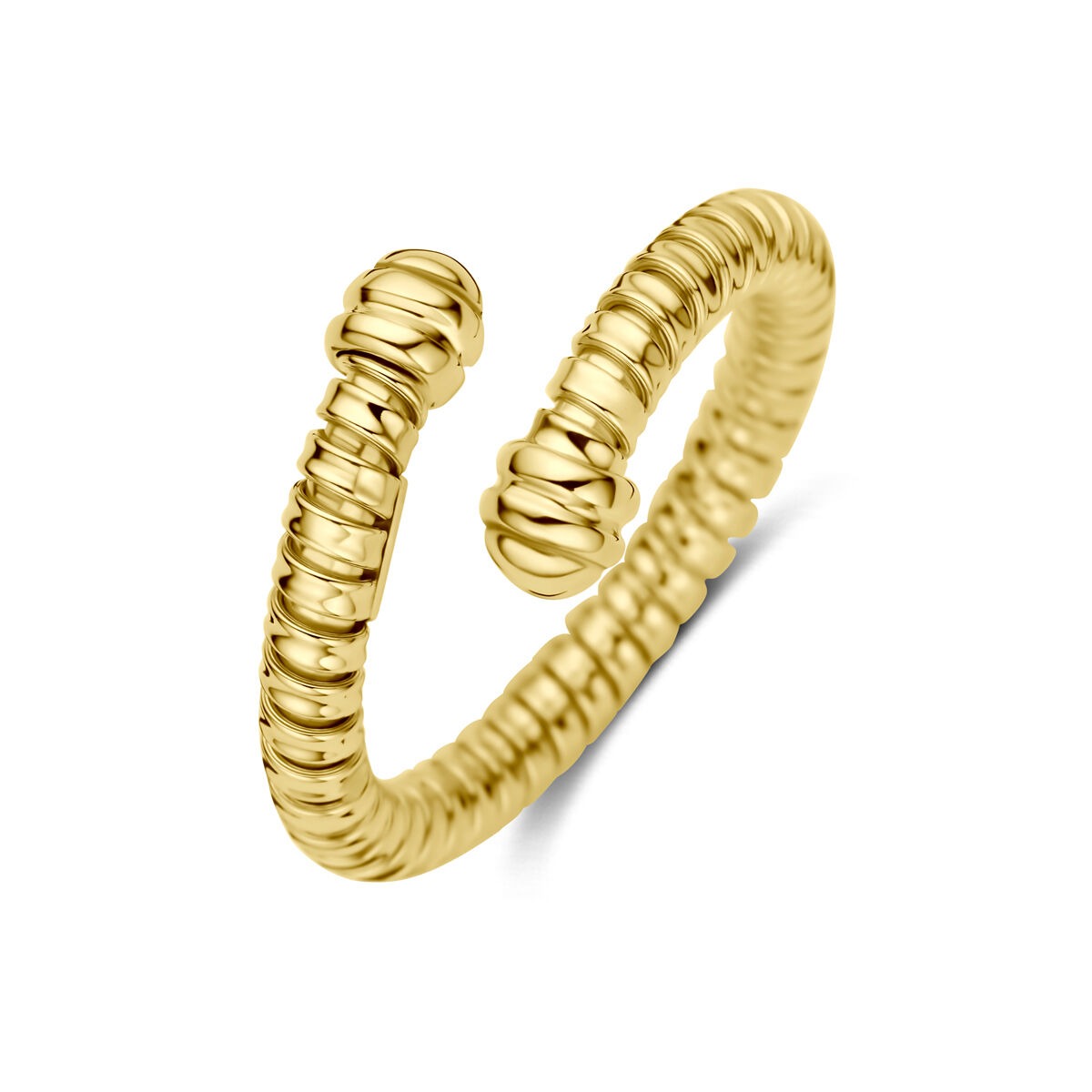 Geelgouden ring met een open ontwerp en gedetailleerde, ronde textuur.